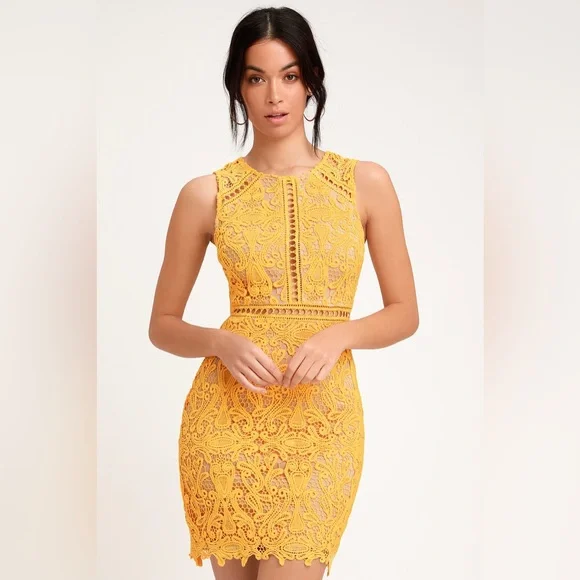 Lulu’s Dream Life Yellow Lace Bodycon Dress size XS - Picture 1 of 6